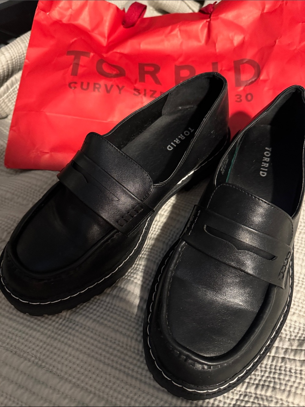 torrid Black Leather Platform Penny Loafers with White Stitching